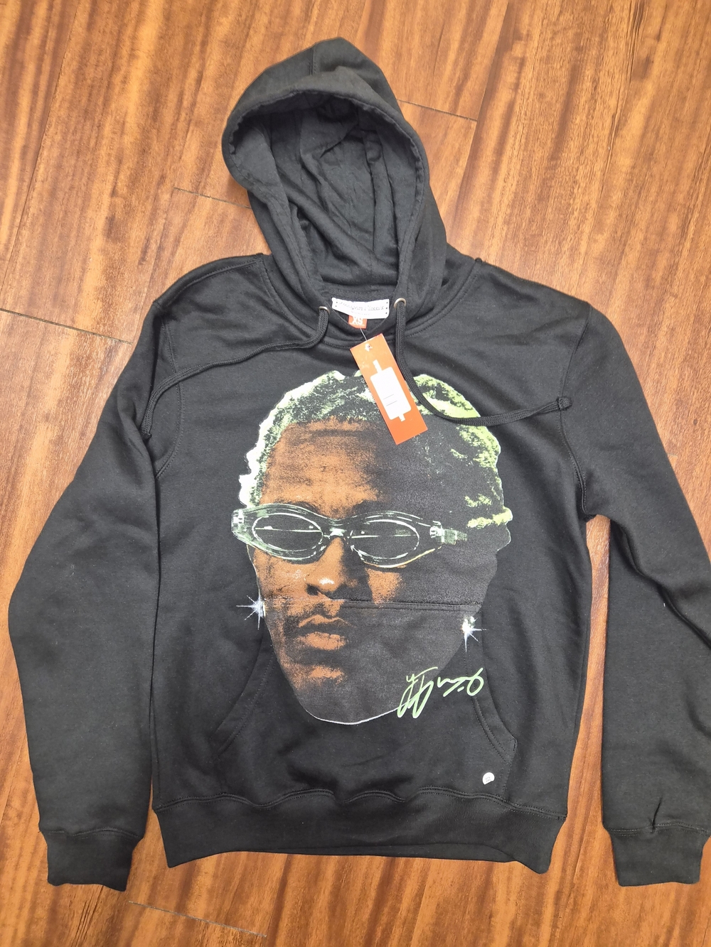 Black Graphic Hooded Pullover with Green Accents